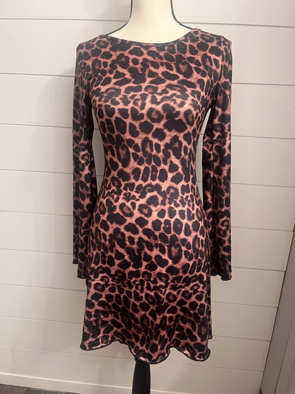 Long-Sleeve Leopard Print Fit-and-Flare Dress in Brown and Black